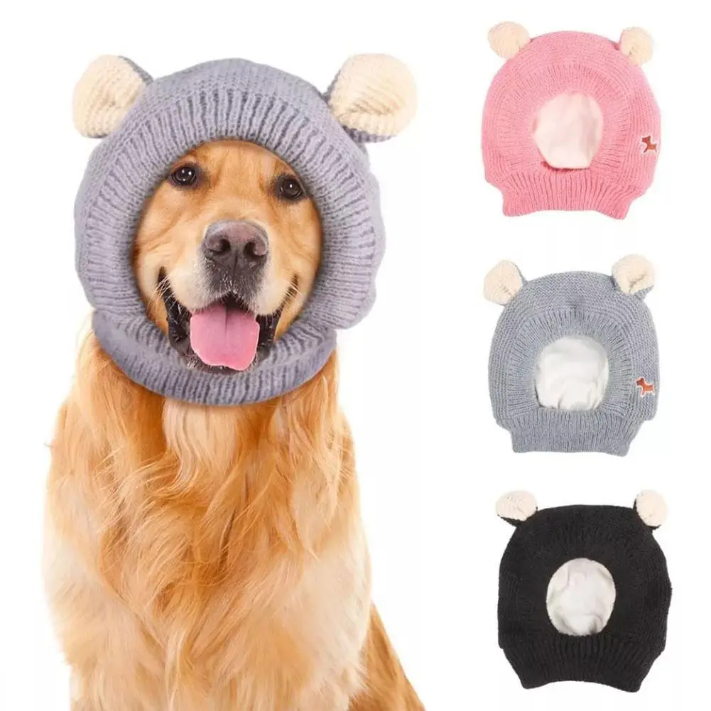 Cute Dog Ear Muffs Noise Protection Knitted Hat For Pet Puppy Anxiety Relief, Winter Warm Earmuffs For Medium And Large Dog C5Z6