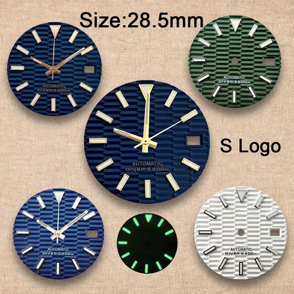 28.5mm S Logo SKX007 Slope Dial Fit NH35/NH36/4R/7S Japanese Movement Green Luminous High-Quality Watch Modification Accessories