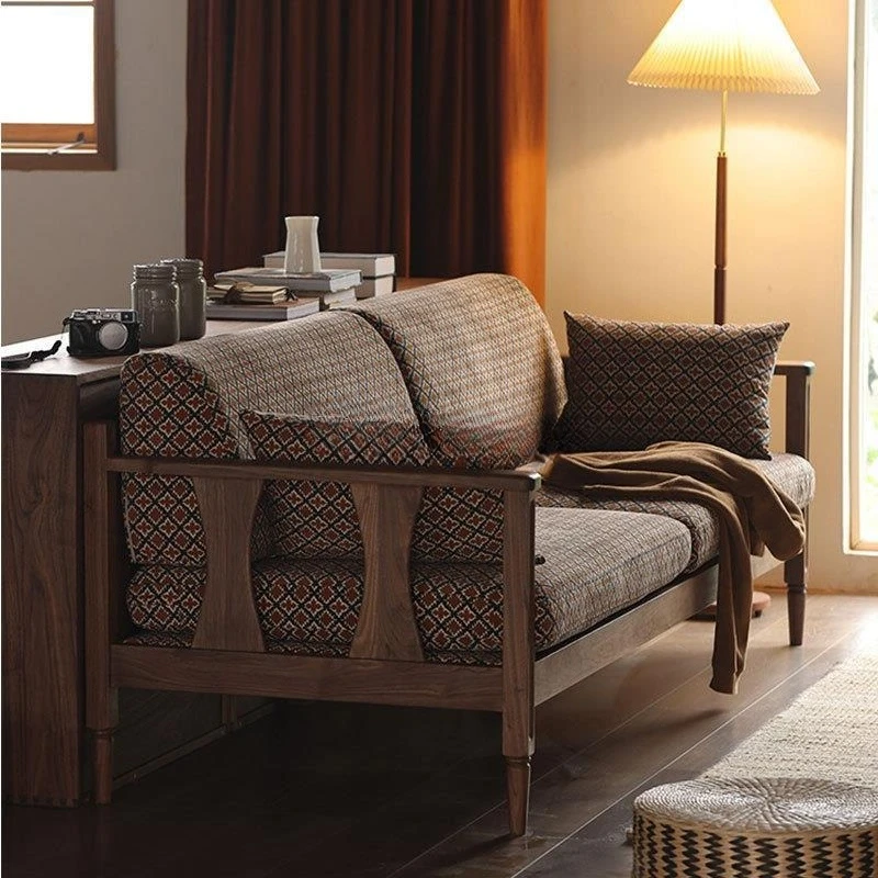 Black walnut sofa three-person small apartment modern simple straight row Nordic sofa
