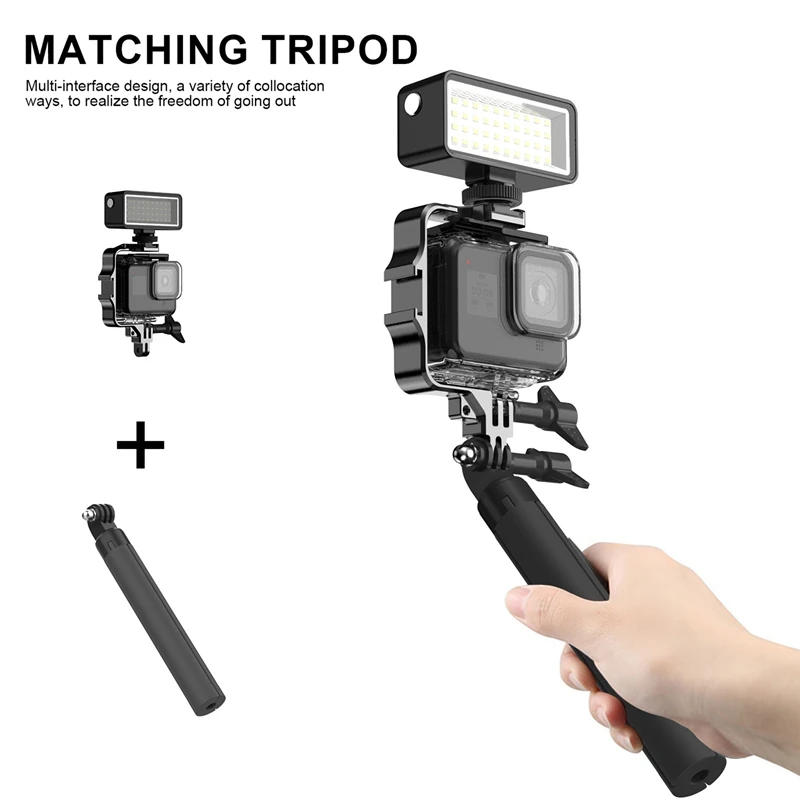 กล้องแอคชั่นอุปกรณ์เสริมกล้องดำน้ำไฟถ่ายภาพ Vlog สีดำสำหรับ Gopro10 LED ขนาดเล็ก