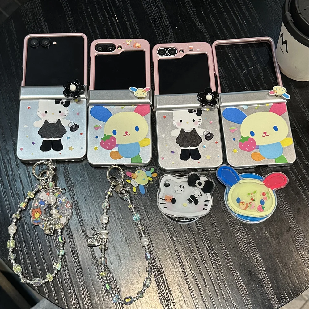 

Cute strawberry bunny rotate flower phone case for Samsung Galaxy Z Flip 7 FE Z Flip 5 6 flip3 4 with magnetic stand chain cases