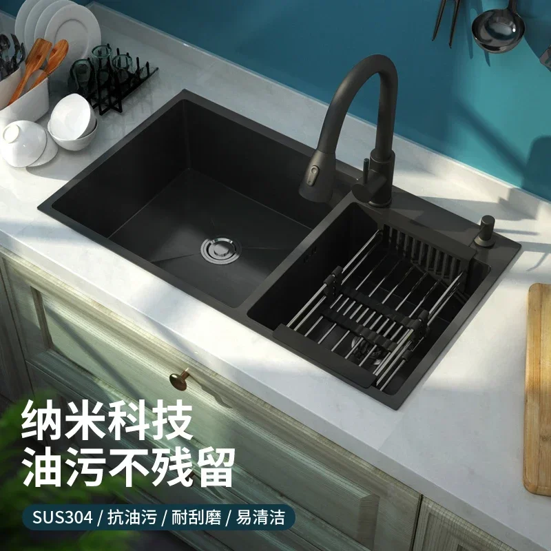 Sink Black Nano Kitchen Sink Double Trough Manual Stainless Steel Household Dishwasher Kitchen Sinks Kitchen Fixtures