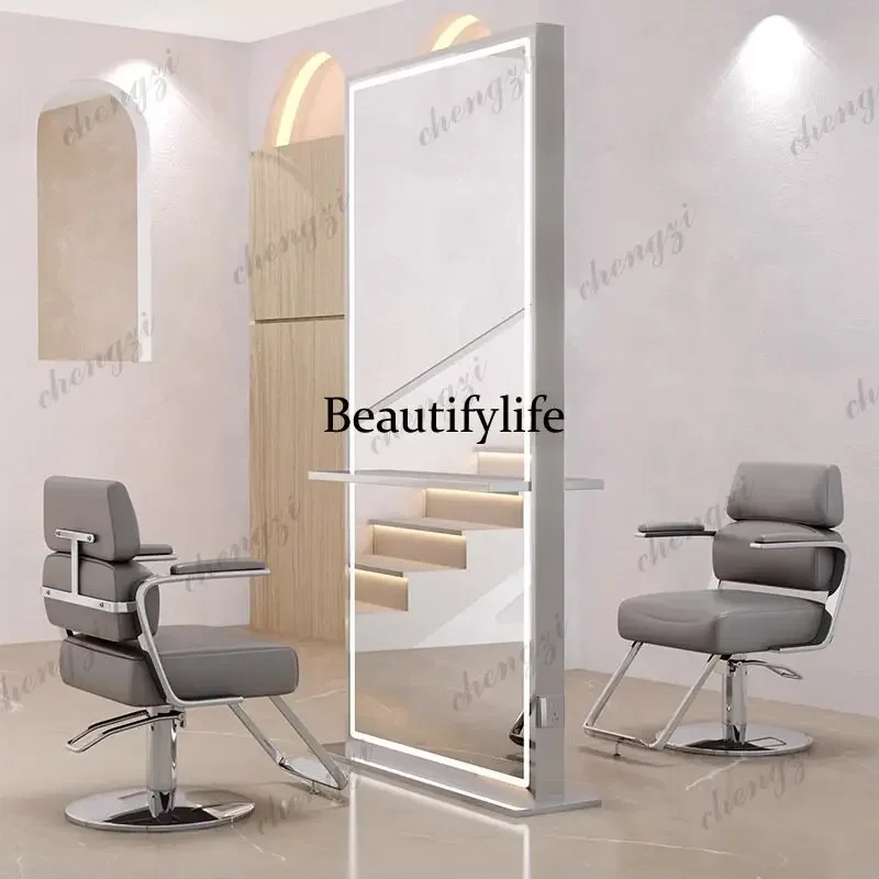 K153 High-end barber shop mirror hair salon special hair cutting and hairdressing mirror table stainless steel double-sided floo