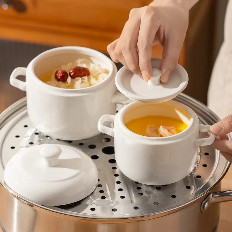 Ceramic Stew Pot with Lid Double Handles Soup Pot for Steaming Egg Home Kitchen Cooking Tool