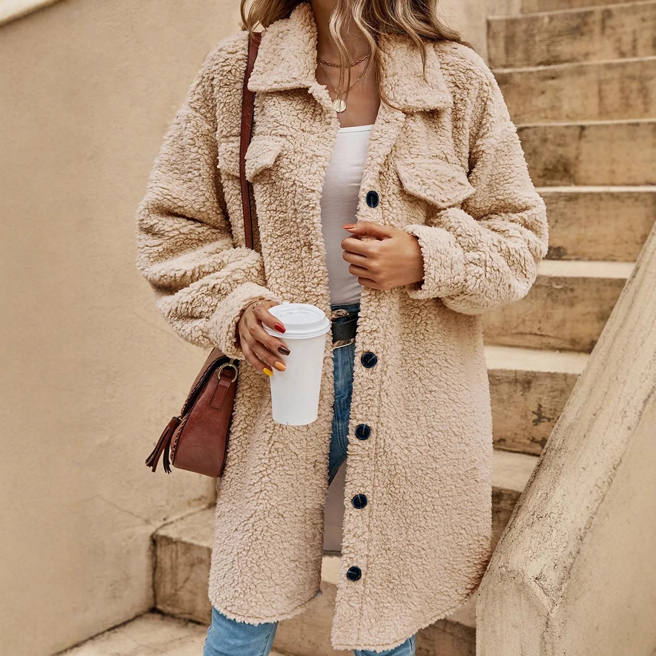Women Single Breasted Plush Coat Fashion Casual Solid Long Sleeved Lapel Open Front Jacket Turn-down Collar Fluffy Outerwear