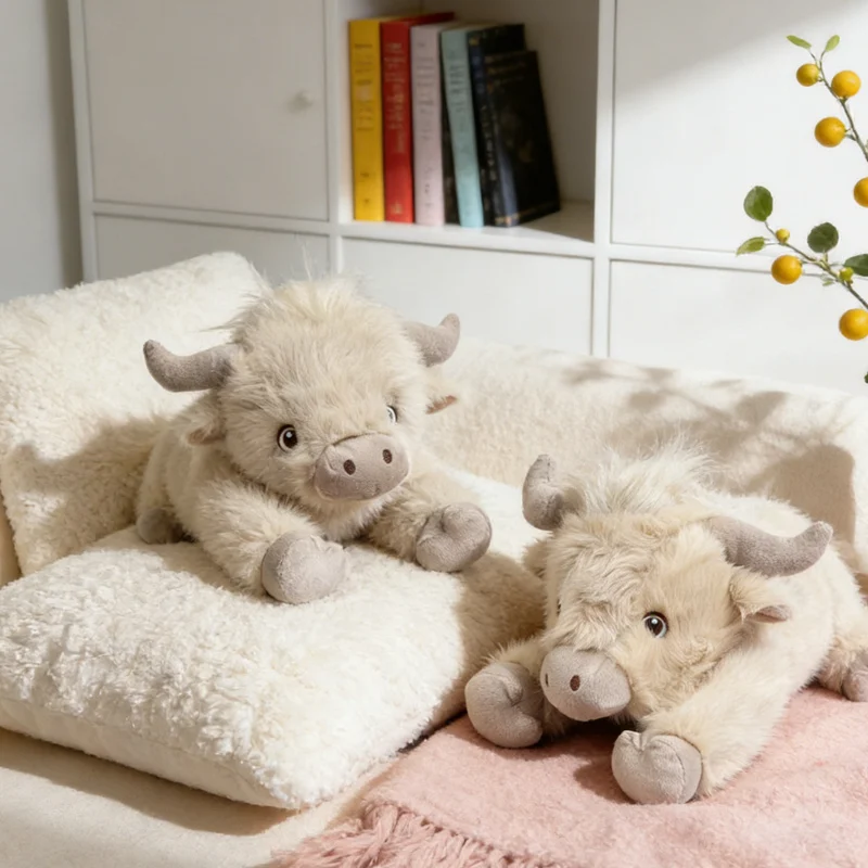 

Kawaii Beige Highland Cow Stuffed Toy with Fluffy Fur Perfect for Birthday Gifts and Home Decoration.