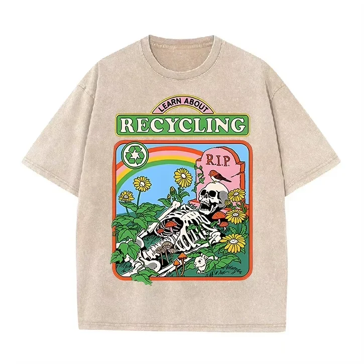 Vintage Washed Black Learn About Recycling Skeleton Floral Rainbow Graphic Casual T Shirt