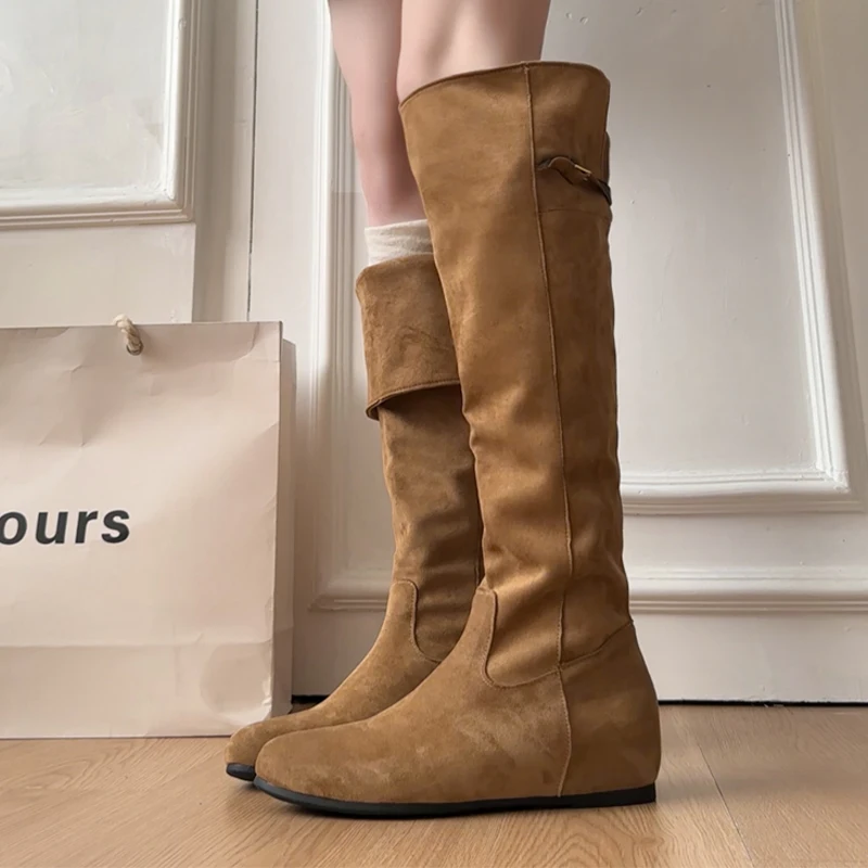 Flats Women's High Boots Suede Fashion Dress Shoes 2025 Designer Knee High Winter Boots Casual Cozy New Mujer De Chelsea Botas