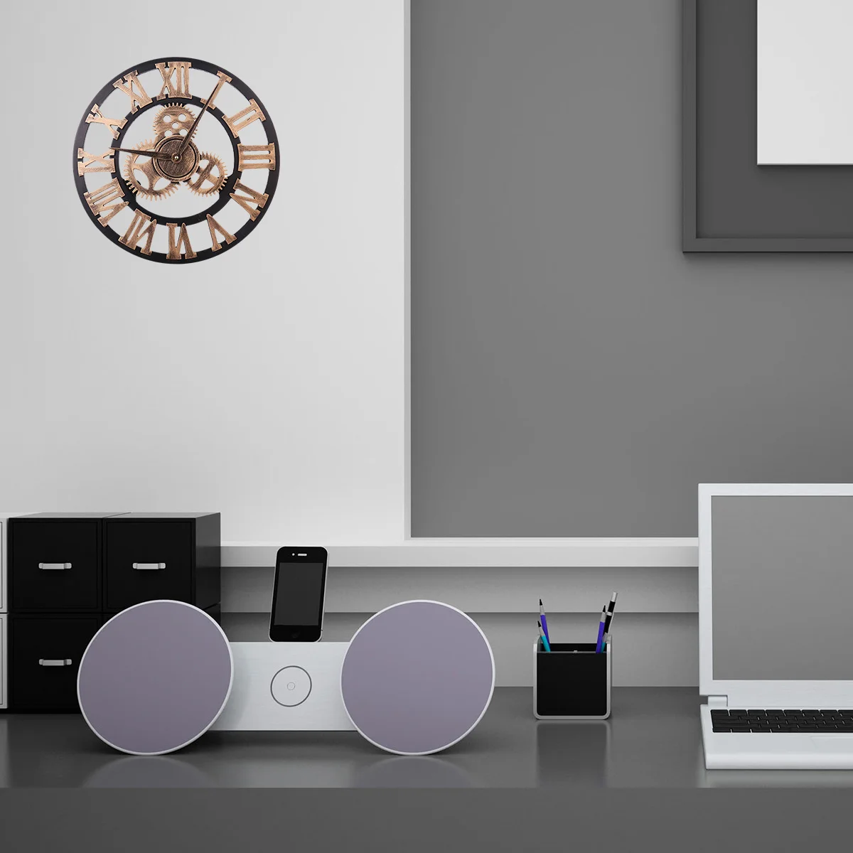 

Vintage Wooden Wall Clock 40cm 3D Roman Numerals Gear Design Silent Sweep Retro Hanging Clock for Living Room Office Home Decor