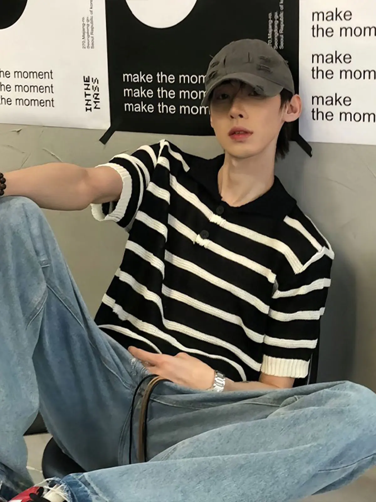 Black White Striped Hollow out Ice Silk Knitted  Shirt Short Sleeve Men's Summer Design Unique Collar T-Shirt Polyester F...