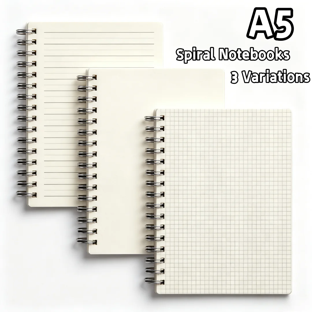 

Cream Eye-Friendly A5 Spiral Notebook, 3 Styles (Lined/Grid/Blank), Durable Metal Coil, No Bleed Paper for School