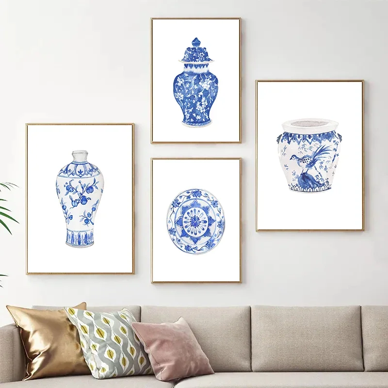 Pintura Decorativa em Lona, Aquarela, Estilo Chinês, Vaso de Porcelana Azul e Branco, Arte em Porcelana, Quadros Decorativos
