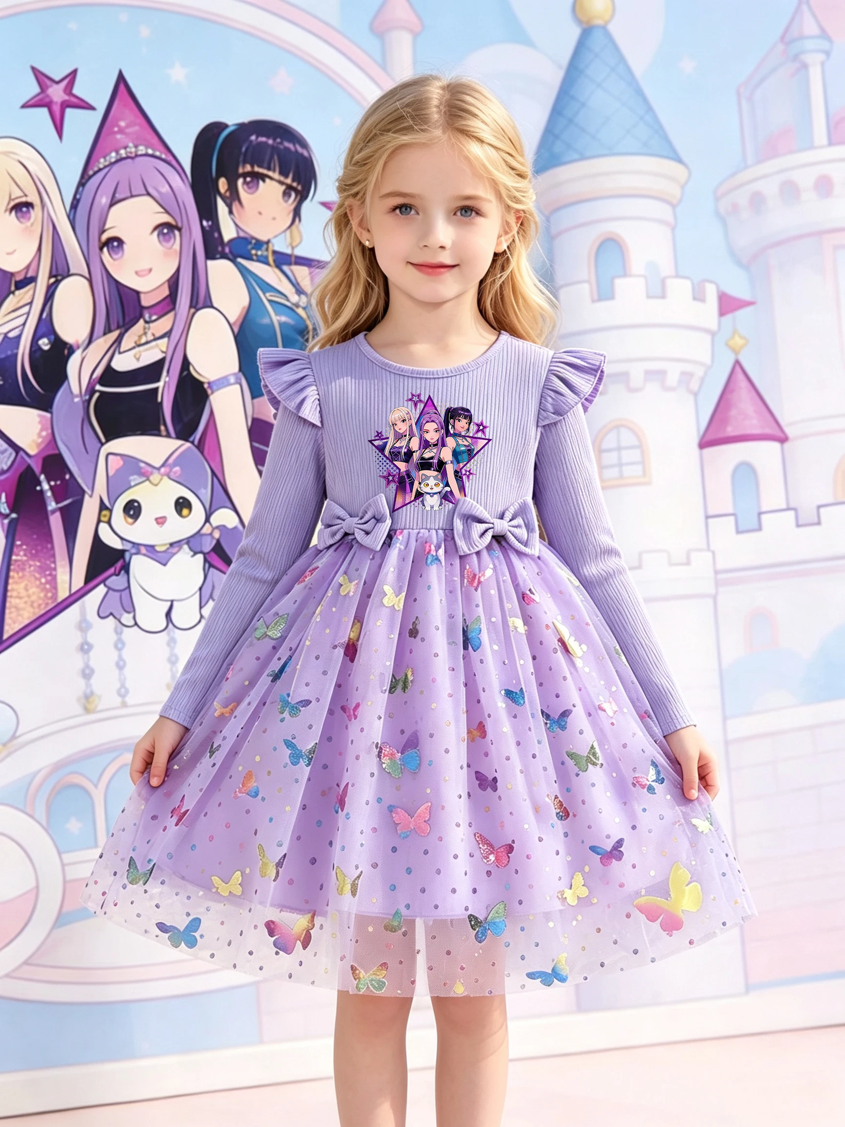 Herbstliches Cartoon-Kleid für Mädchen, langärmeliges Kleid mit Rippstrick, Tüllrock mit Pailletten-Schmetterling, süßes Prinzessinnenkleid für kleine Mädchen. – Detail 1