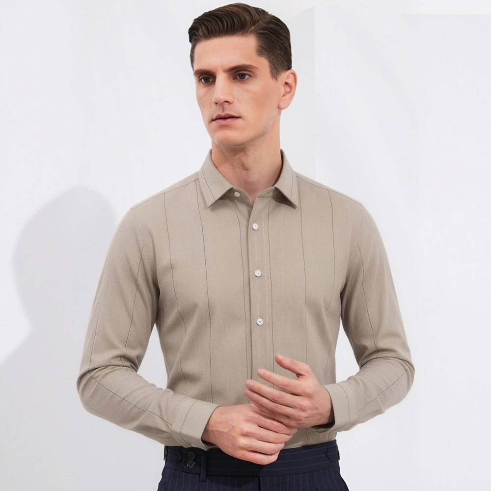 Men's Timeless Striped Spread Collar Dress Shirt - Long Sleeve Soft Stretch Business Formal Pocketless for Office & Casual Wear