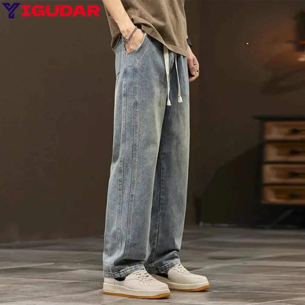 High Street Star Embroidered Jeans Men Retro Washed Patch Loose Wide Leg Pants American Casual Loose Straight Y2K Pants