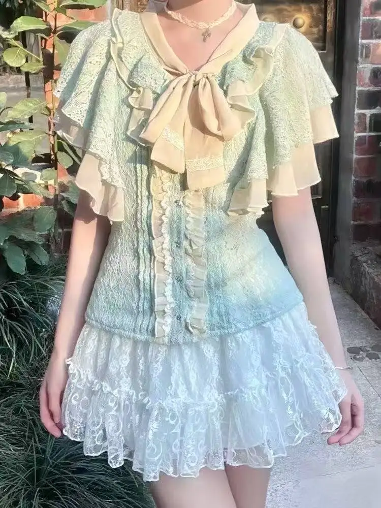 

2025 Summer New Matching Sets Flying Sleeve Ruffles Patchwork Tops + High Waist Mini Skirts Y2k Female Slim Sweet Women Clothing