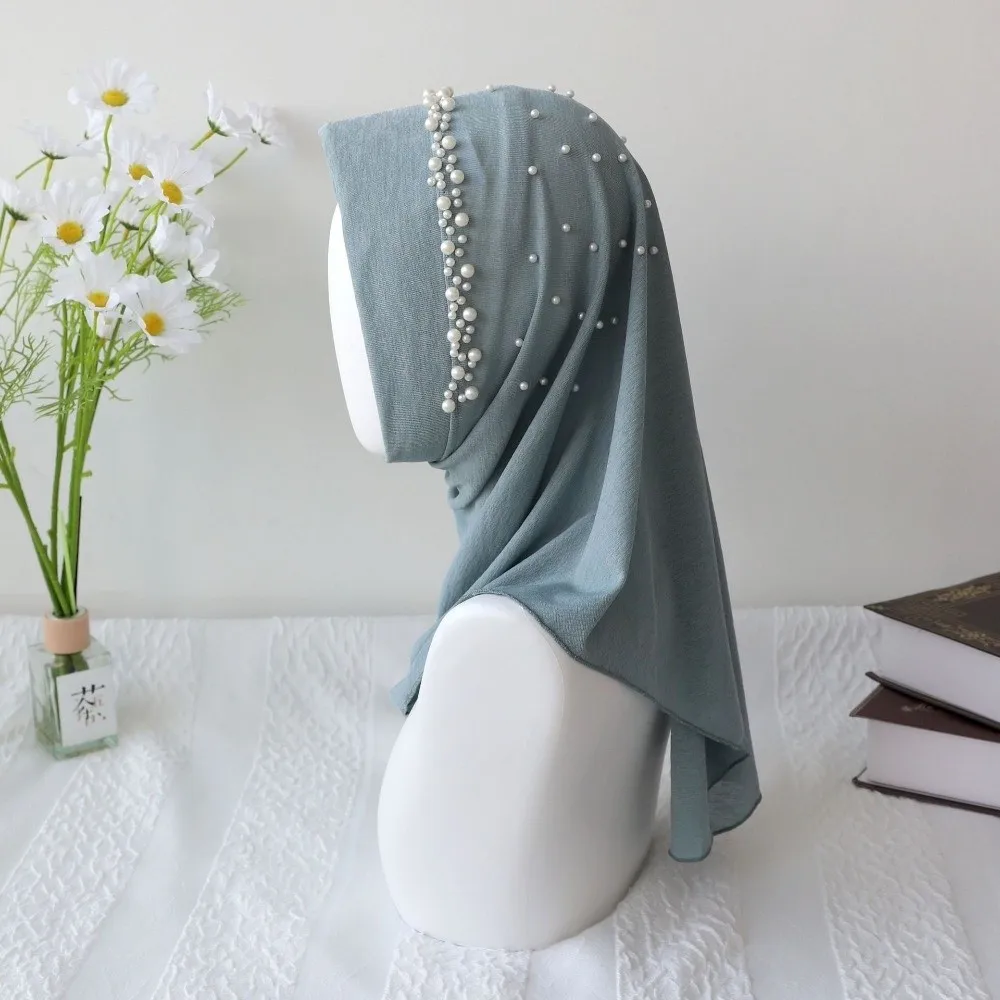 Simple Solid Color Beads Hijab Pull On Style Quick Drying Head Wraps Breathable Stretchable Hijab Scarf Daily Use
