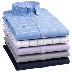 Men Formal Dress Shirt Oxford Fashion 100% Cotton Long Sleeve Casual Slim Solid Color Plaid Print Stripe Plus Size