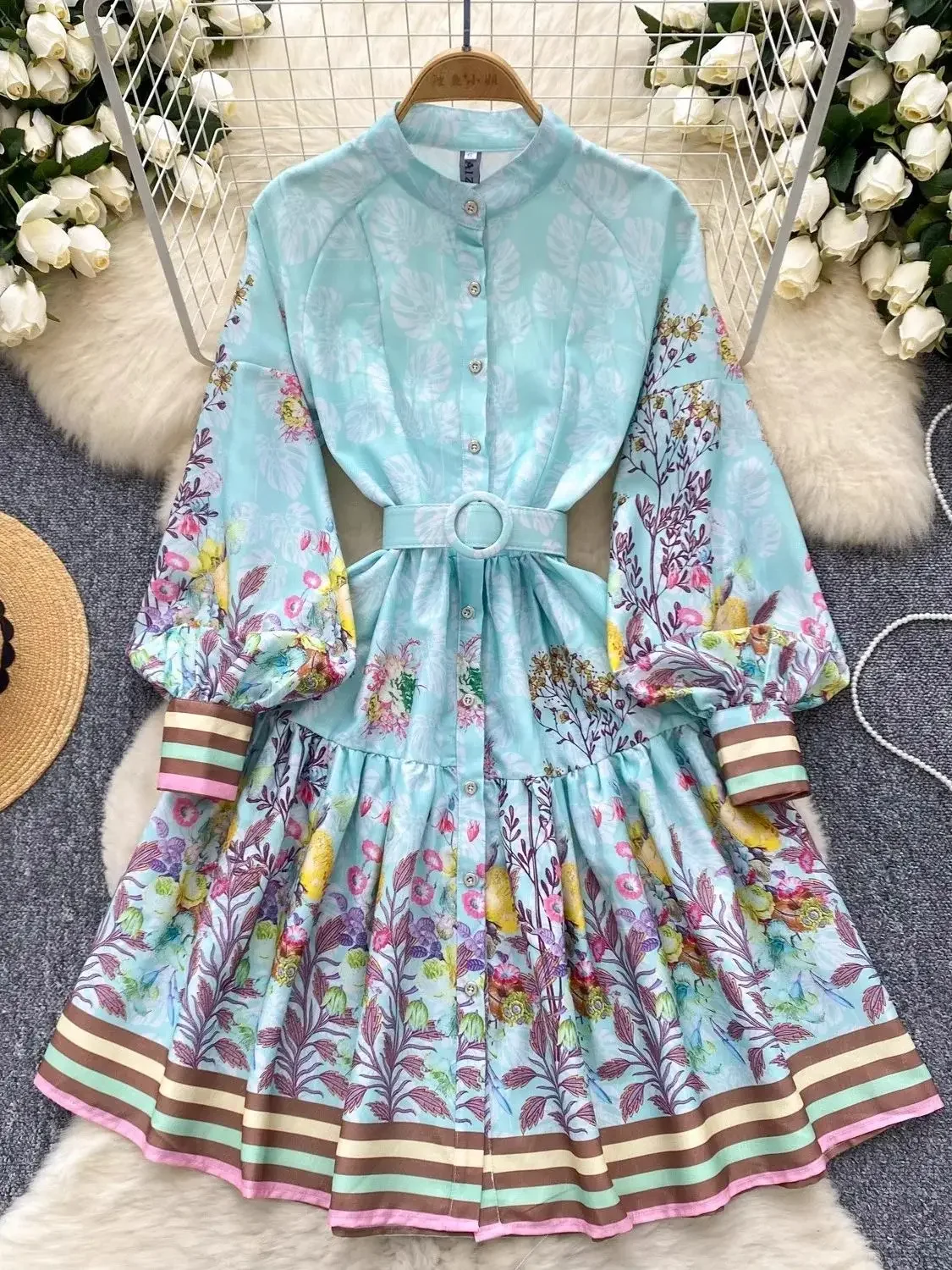 

Autumn Holiday Flower Print Dress Women's Stand Long Lantern Sleeve Single Breasted Belt A Line Knee Length Party Vestidos