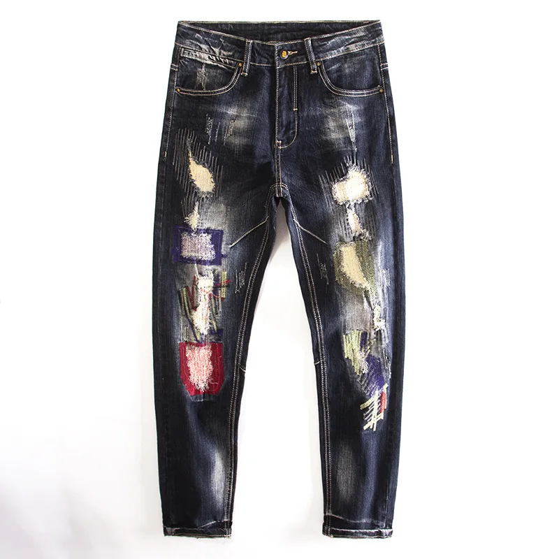 

Ripped Patch Embroidered Floral Jeans Men Slim Fit Stretch Vintage High Street Retro Nostalgic Personality Trendy Long Pants