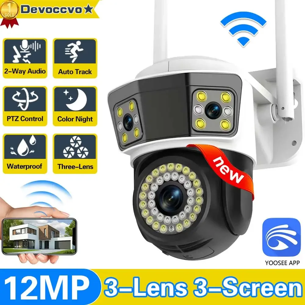 

6K 12MP HD WiFi Three Lens Camera Outdoor Three Screens Motion Tracking 4K 8MP PTZ Security Protection Video Surveillance Cams