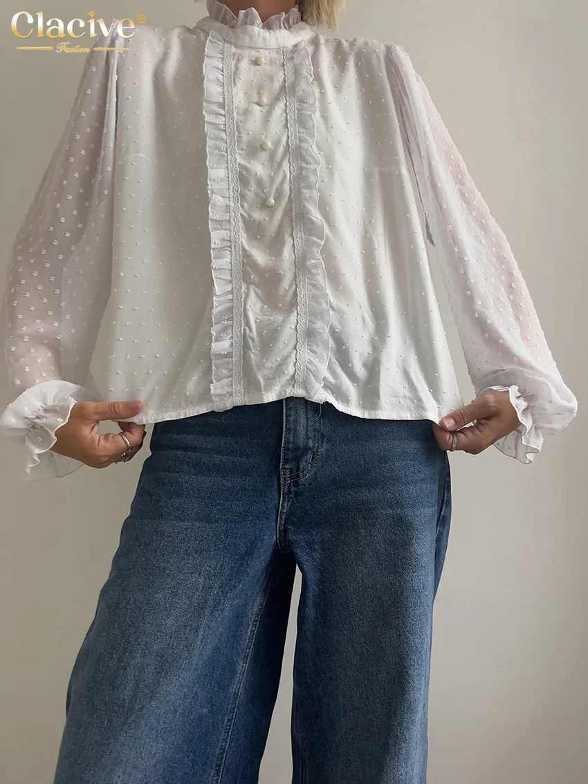 

Clacive Casual Loose White Cotton Women Shirt Fashion Stand Collar Long Sleeve Blouse Elegant Classic Ruffle Top Female Clothing