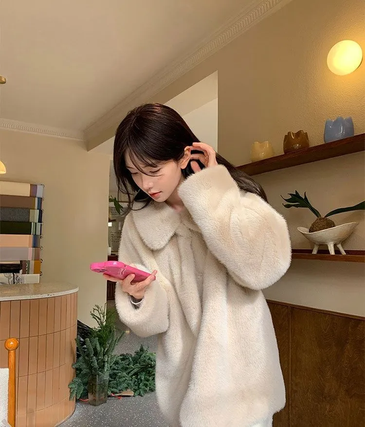 フェイクファーガールズコートコートレディースハイウエストイレギュラーホリデーウィフストリートウェアヴィンテージシルキーミックスコットングレーパフレギュラースリム