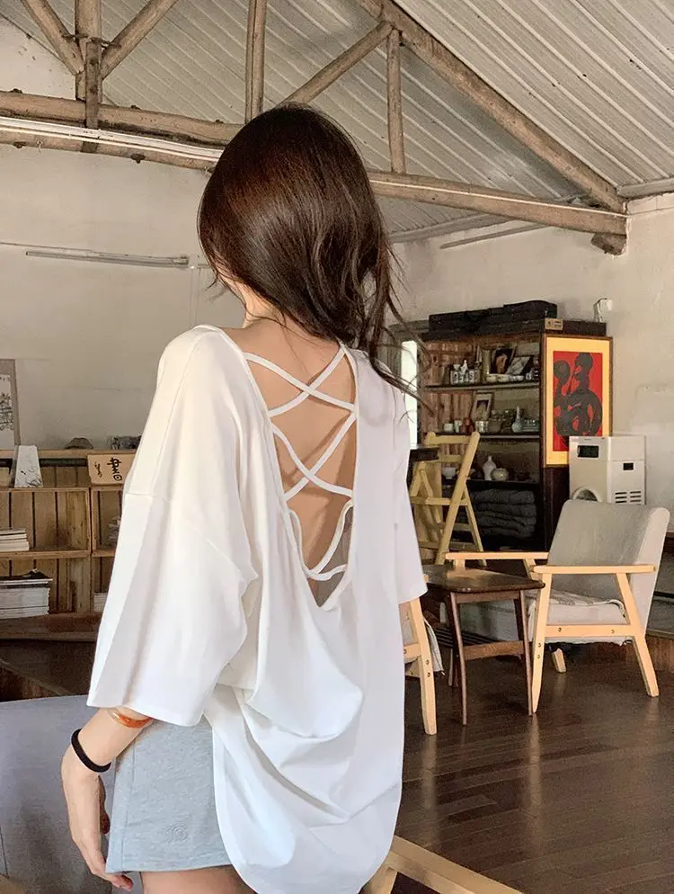 Summer large-size women's clothing new solid color casual loose irregular sexy halter round neck short-sleeved T-shirt