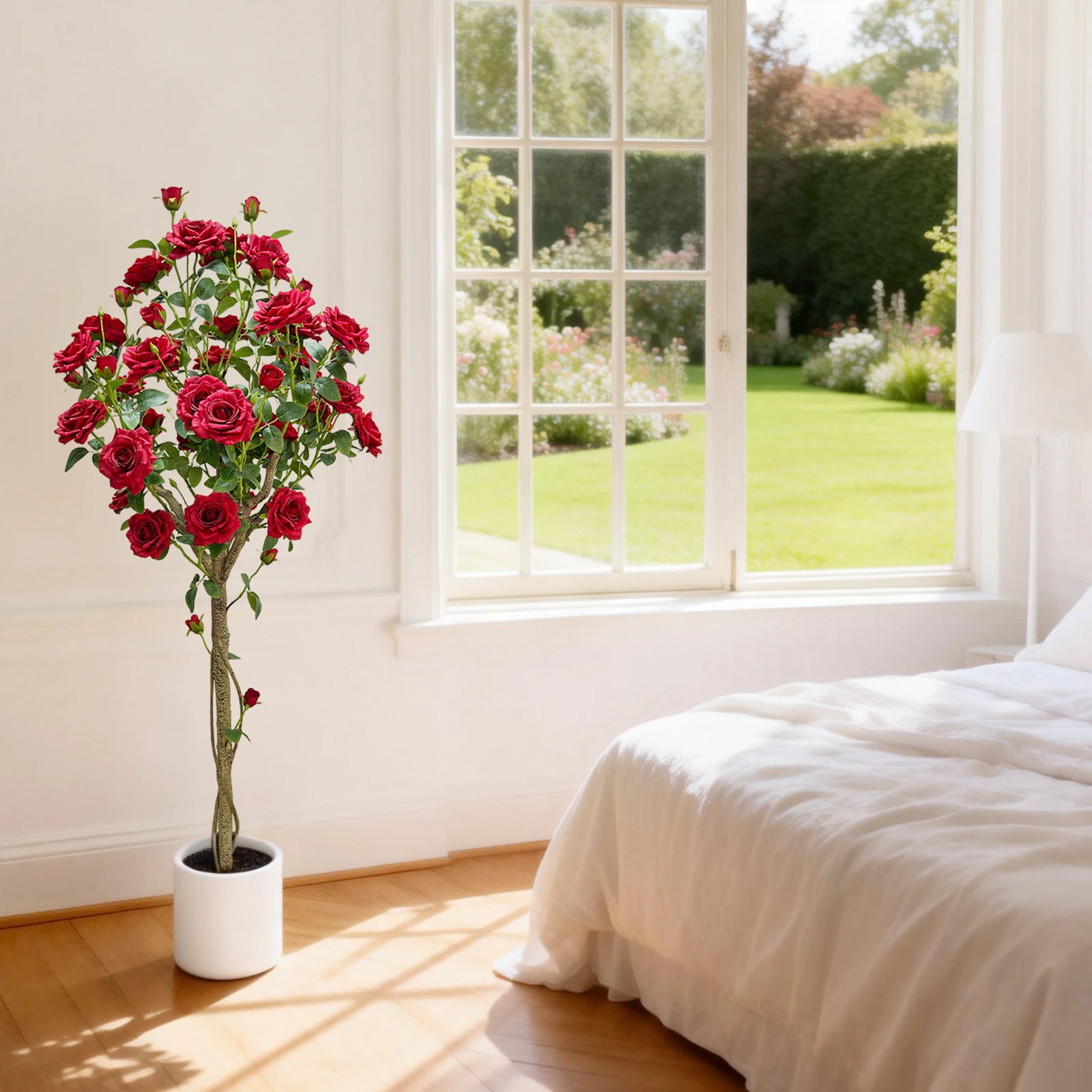 

Искусственное дерево из роз высотой 150 см, реалистичное шелковое растение с пластиковым стволом в декоративном горшке, для декора внутри помещений и на улице в закрытых пространствах