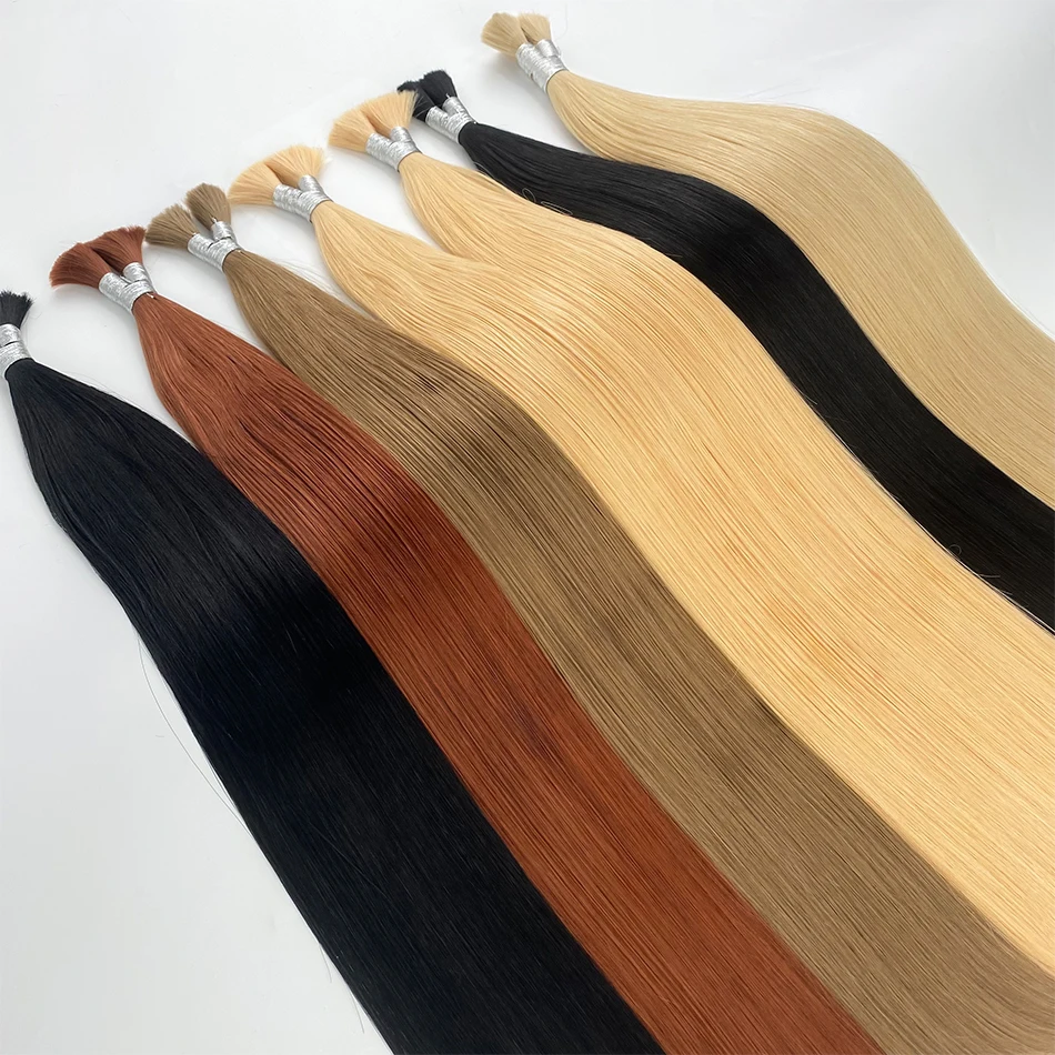 인모 벌크 100% 정품 고품질 버진 천연 무가공 헤어 번들 10A 등급 직조용 웨프트 없는 스트레이트 헤어