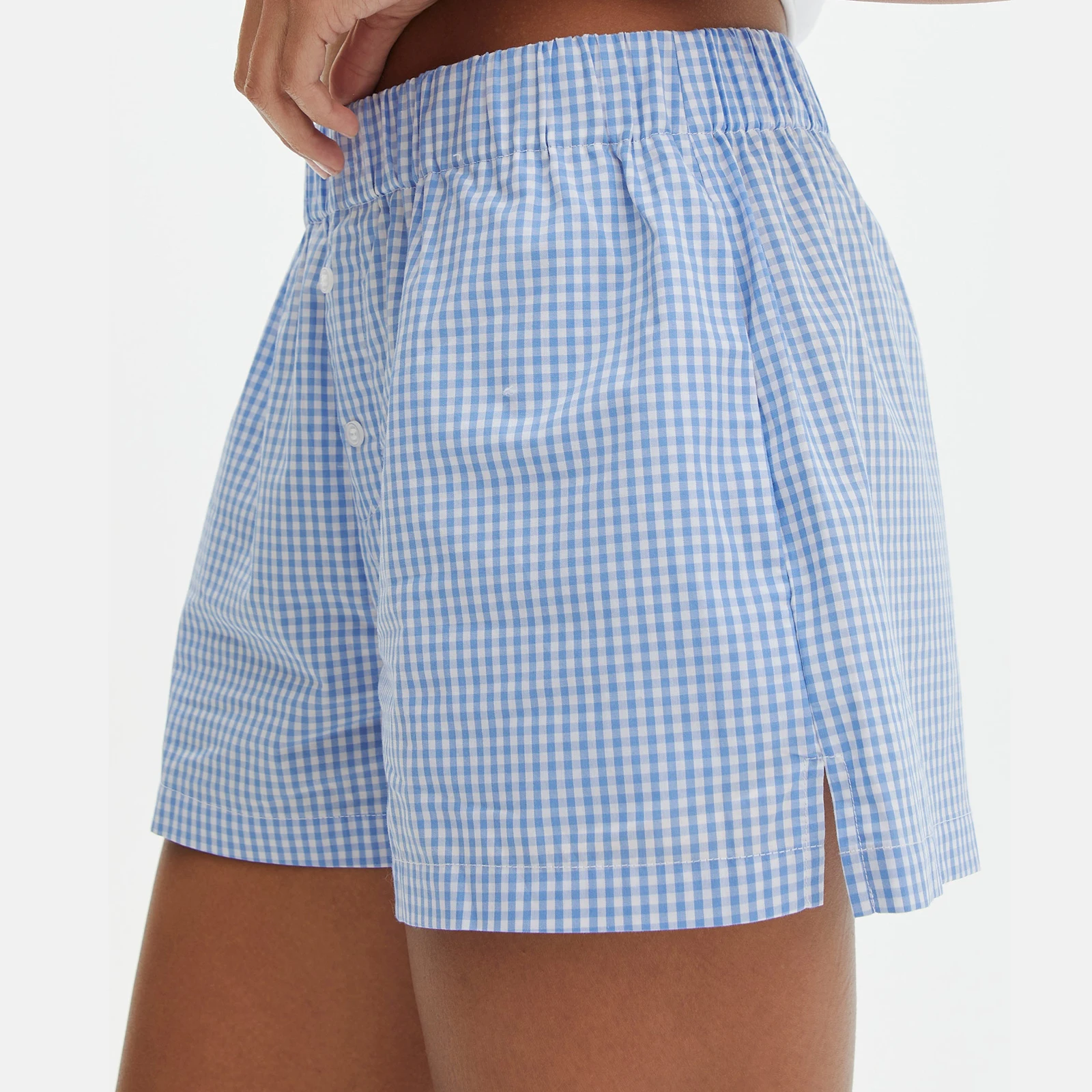 Pantaloncini da salotto con stampa a righe scozzese da donna pantaloncini con bottoni elastici in vita sul davanti