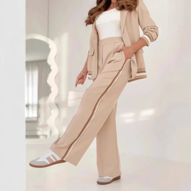 

Pant Sets Women Wide Leg Pants Two Piece Set Button Coats Matching Sets Patchwork High Waist Elegant Trousers Pockets Sporty