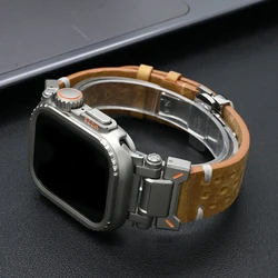 Leather Strap for Apple Watch 49mm 46mm 45mm 44mm Metal Case+band Iwatch Series 10 9 8 7 6 5 SE Ultra Butterfly Buckle Bracelet