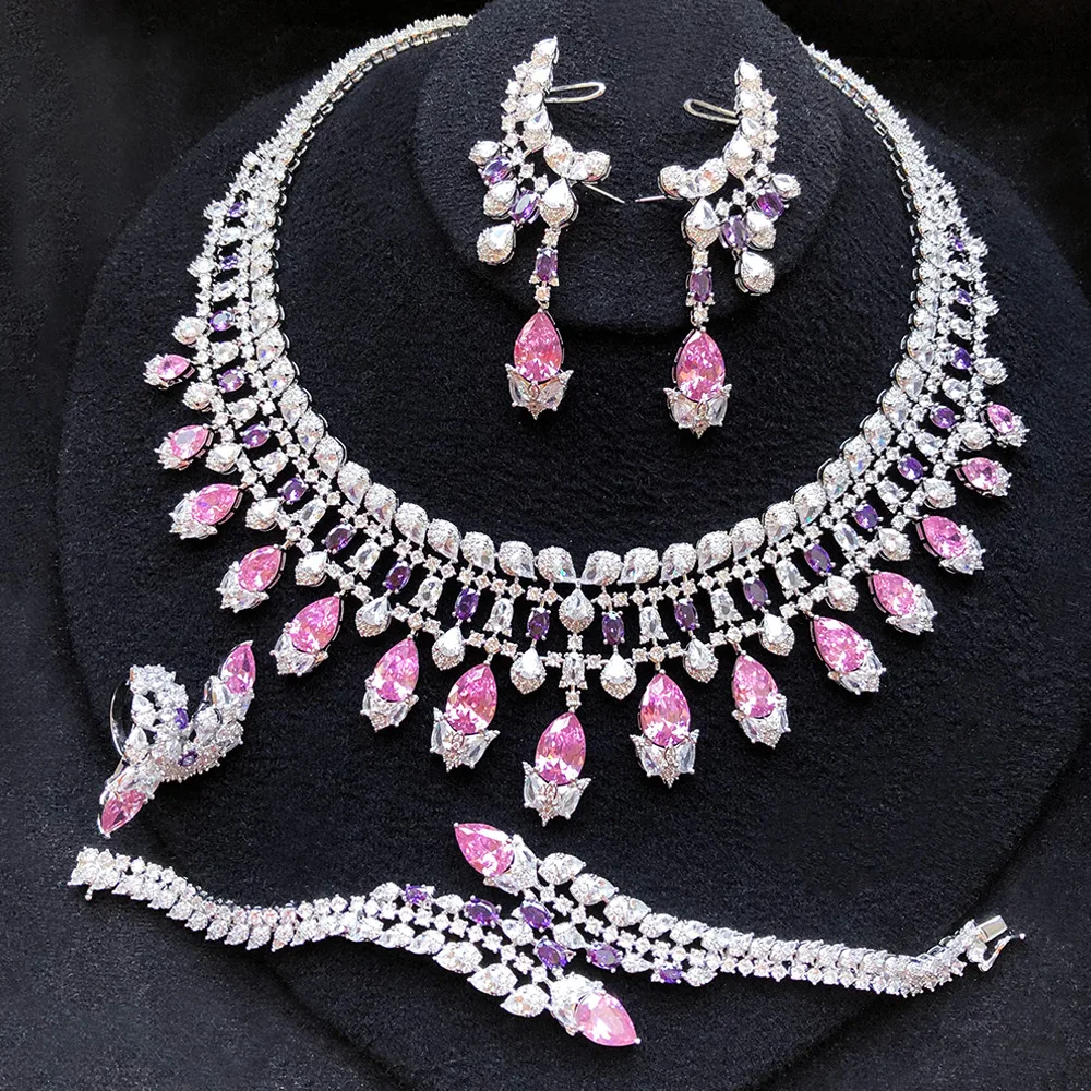 GODKI 4PCS BIG Flower Leaf Luxury Women Nigerian Wedding Naija Bride Cubic Zirconia Necklace Dubai Bridal Dress Jewelry Set 2024