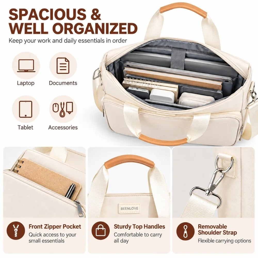 Portable Laptop Tote Bag with Shoulder Strap Top Handle Business Work Bag Protective Padding Front Zipper Pocket