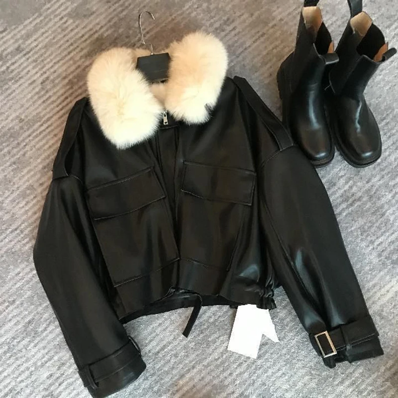 Winter Warm Waterproof Lamb Coat Thick Loose Parka Faux Fur Leather Jacket Female Plus Size Zipper Moto Biker Outerwears