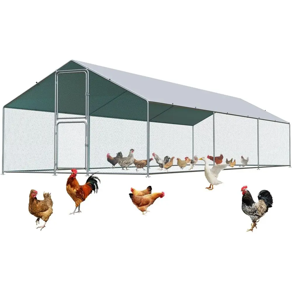 

Spacious Metal Chicken Coop with Run for 30 Birds, Waterproof & UV-Protected, Lockable, Outdoor Poultry House (19.7x6.6x9.8ft)