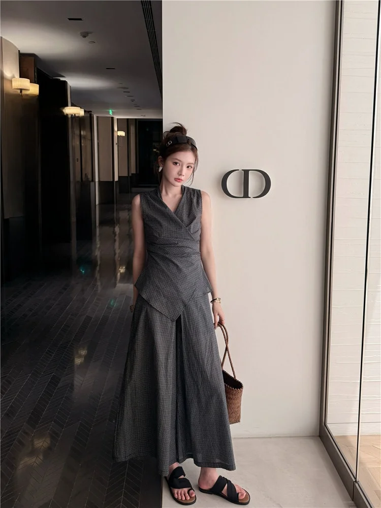 

Женский модный клетчатый комплект из двух предметов Cheese V-Ne ort Sve, длинные брюки, универсальный летний наряд Quali, повседневный шик