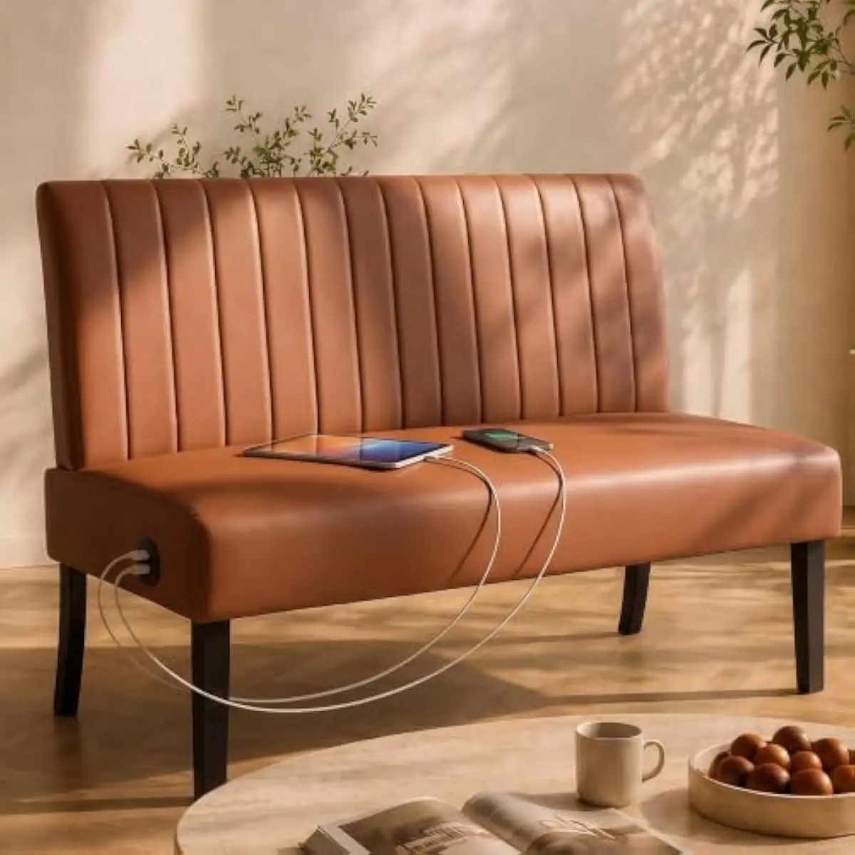 Compact armless loveseat in rich brown leather with dual USB charging ports, 38.9 inch width, 16.5 inch seat height, 500 lb capa