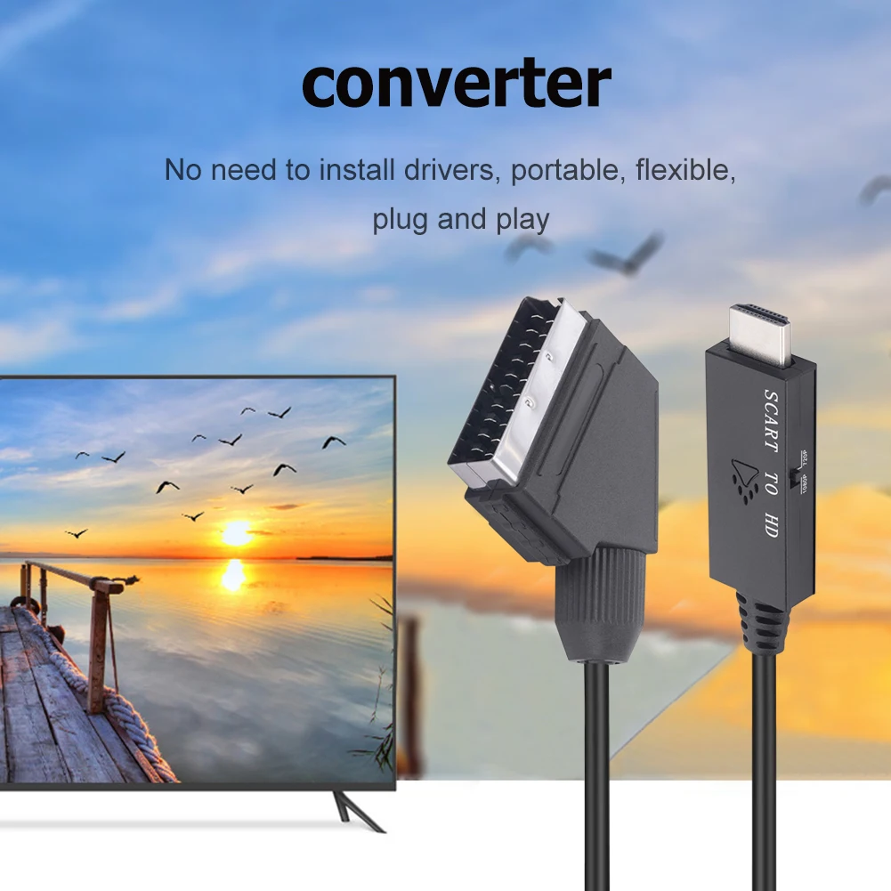 1080P SCART do konwerter wideo-audio HDMI kabel Adapter z męskiego na męskie dane wejściowe SCART do wyjście HDMI dla wtyczka typu Plug Play HDTV