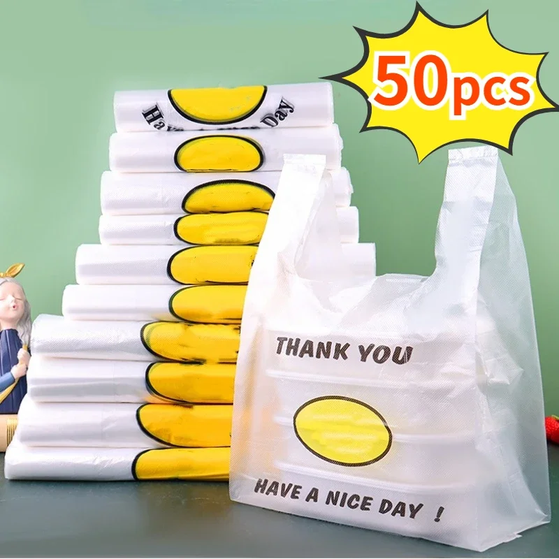 50 Pcs Plastic Bag Carry Out Bags Retail Supermarket Grocery Shopping Handle Food Packaging Home Storage Kitchen Accessories