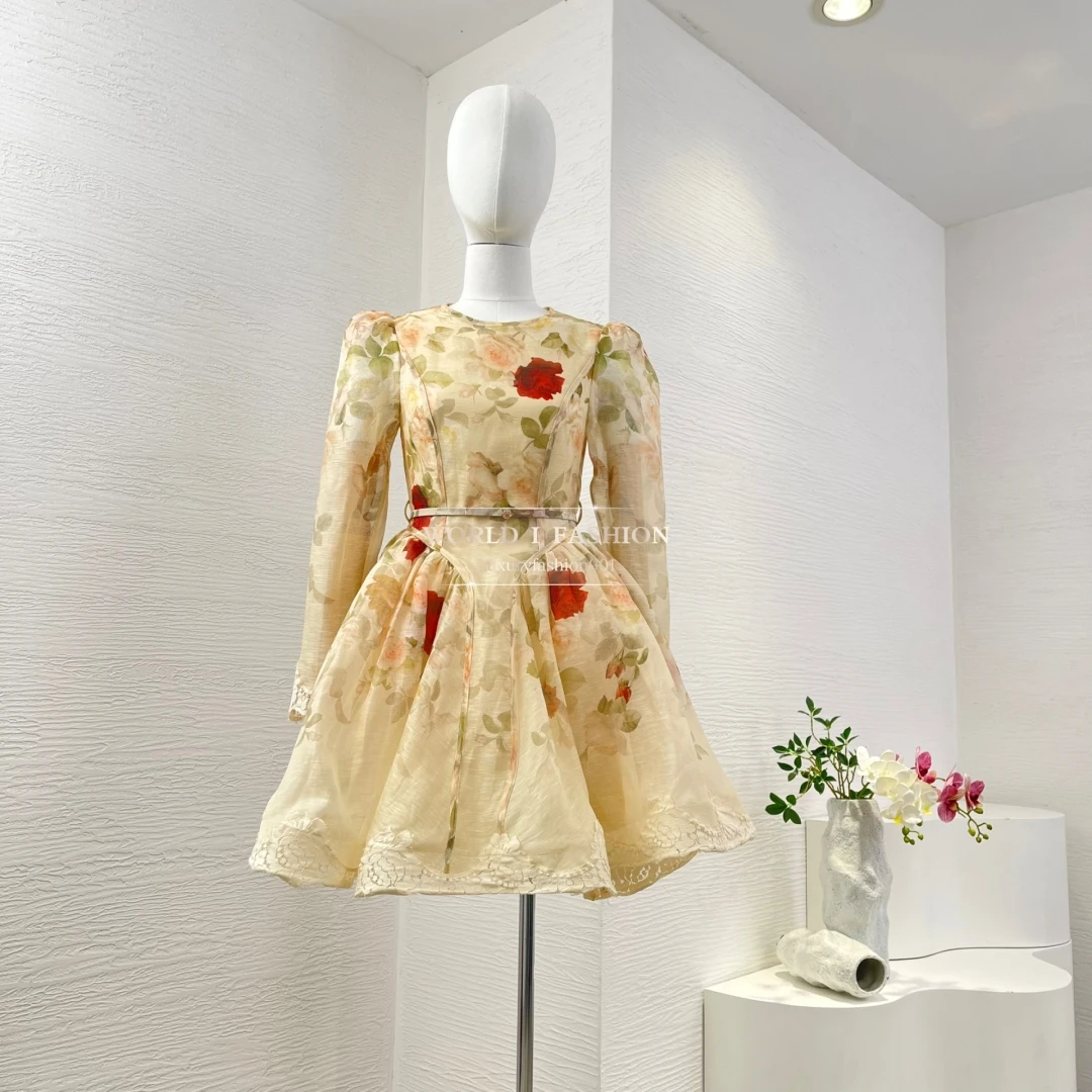 Beige Violet Purple Floral Print Long Sleeve Mini Dress