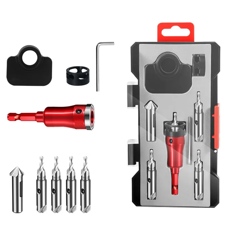 AT19-Multifunction Countersink Drill Bit Set Converts To 45 Degree Chamfer Cutter 8/10Mm Dual Sided With Adjustable Depth Stop