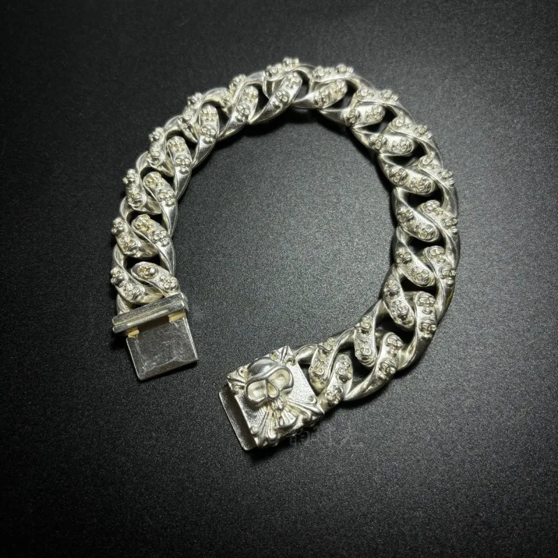 Vintage Embossed Silver Look Skull Bracelet for Men, Minimalist Retro Punk Hip Hop Wristband, Unique Statement Jewelry Gift