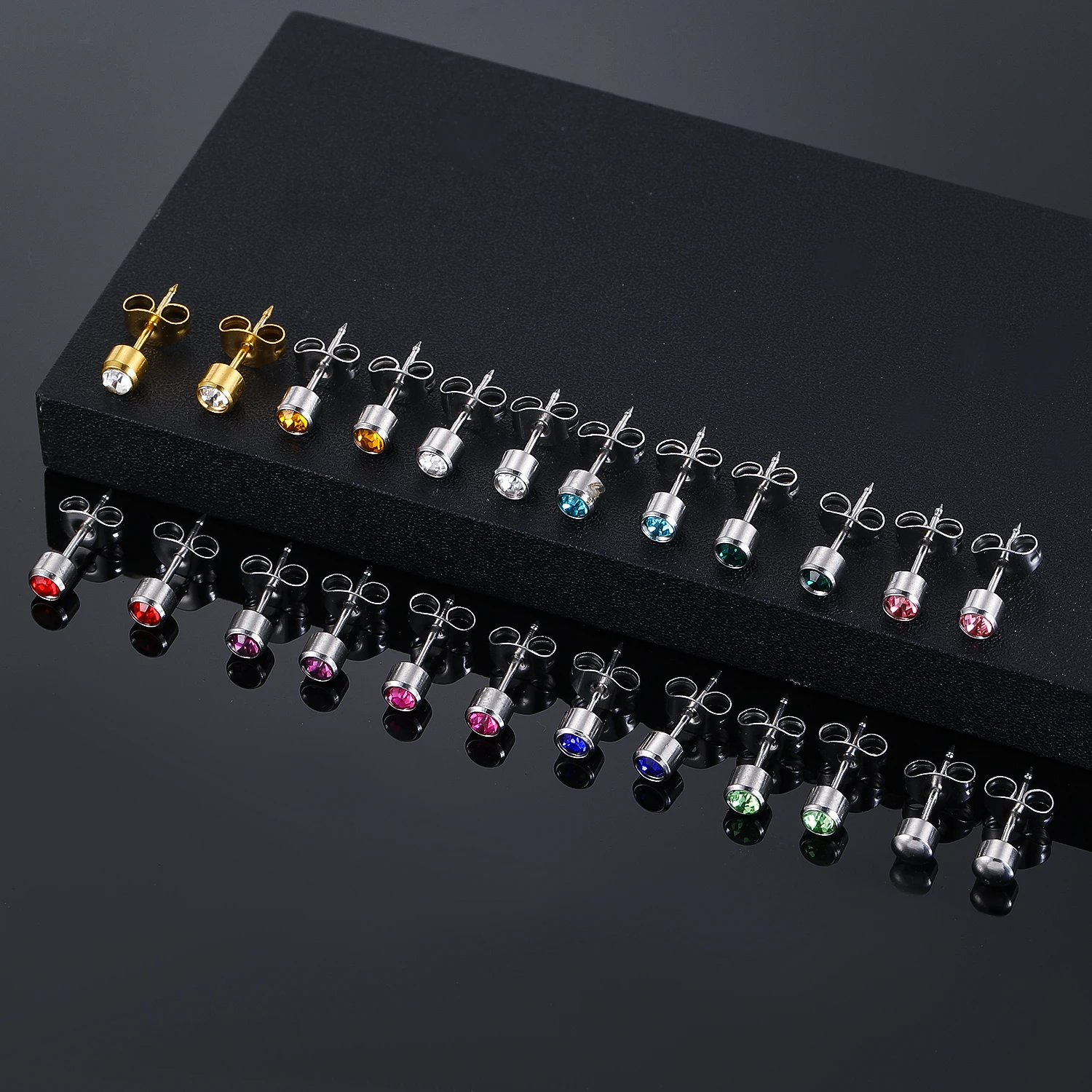 12 Pairs Stainless Steel Earring Studs Hypoallergenic for Piercing Tool Kits Shiny Birthstone Ear Stud Tragus Cartilage Jewelry