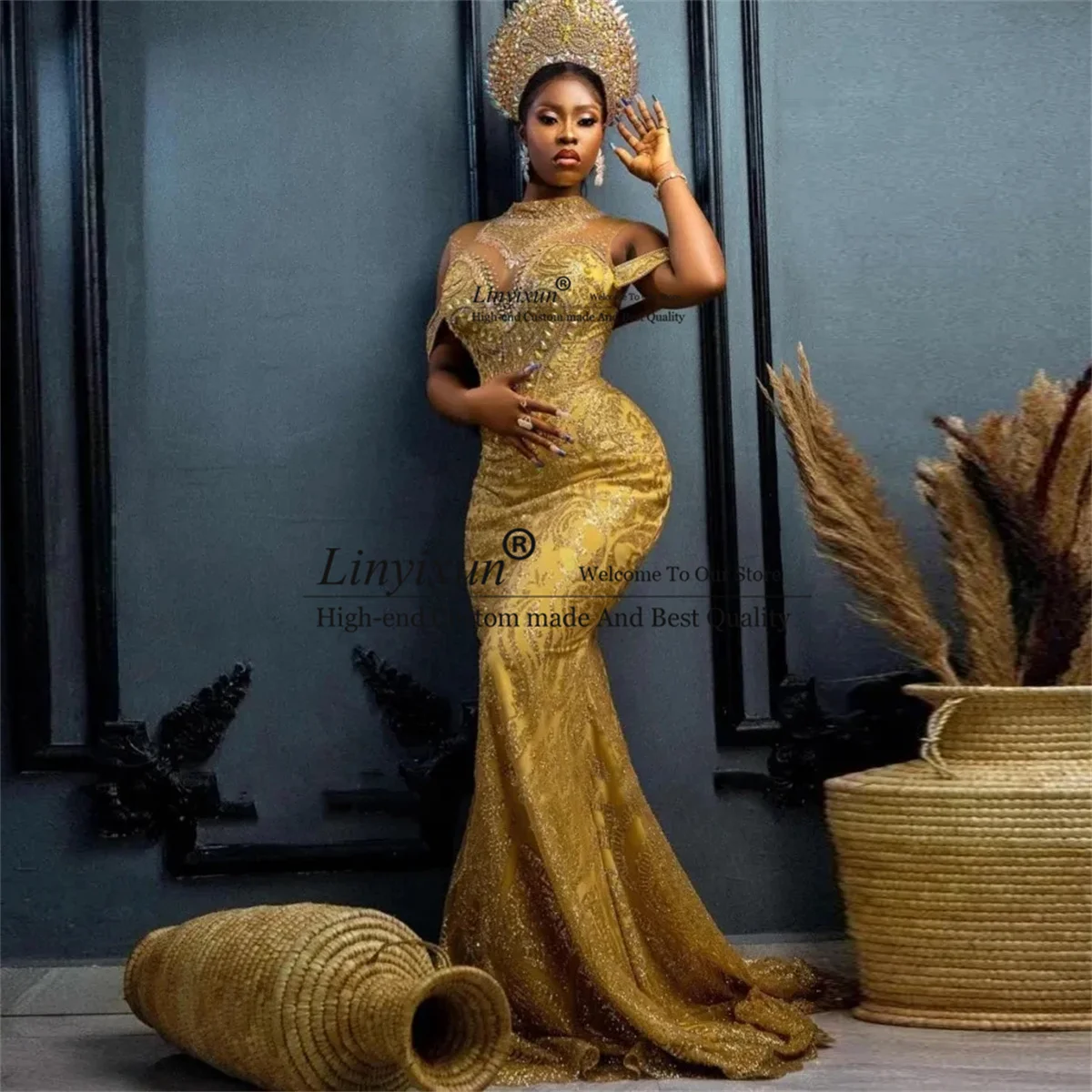 Aso Ebi Gold Prom Dresses Sequin Lace Crystals Mermaid Prom Dress For Women High Neck African Black Girls Formal Party Dresses