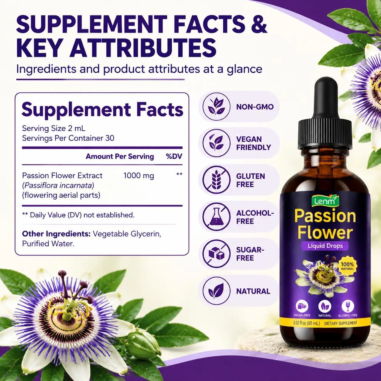 Passion Flower Liquid Drops, Herbal Supplement for Relaxation Restful Sleep Support, Alcohol Free Sugar Free Vegan Formula, 60ml