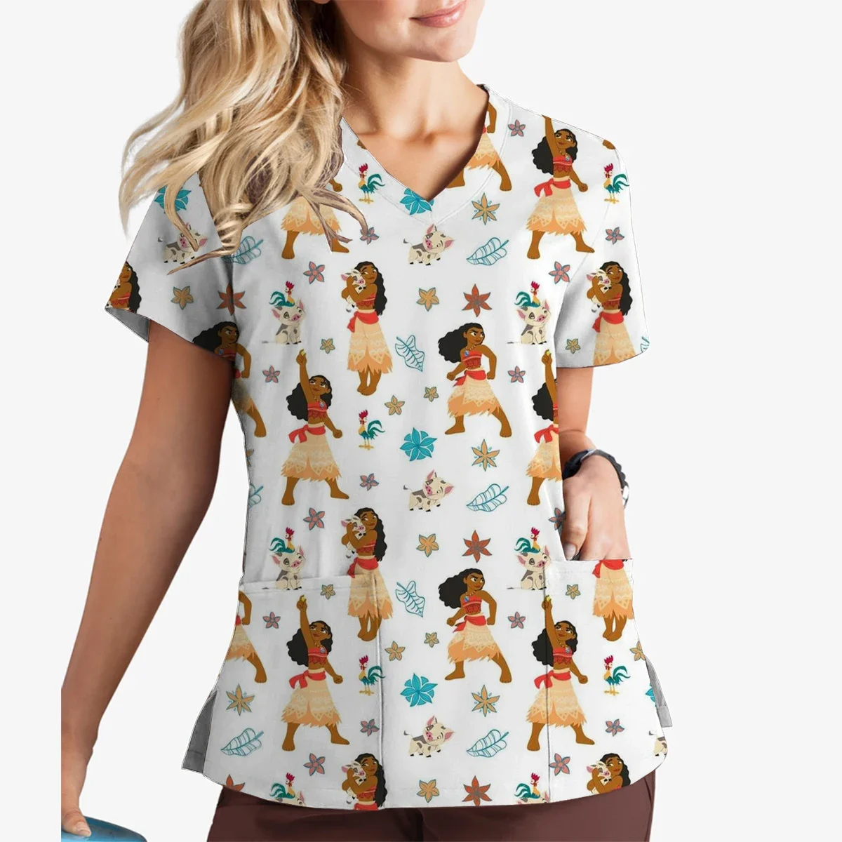 Top con stampa principessa Disney Moana con scollo a V, top a maniche corte, infermiera ospedaliera, badante, negozio di animali domestici, uniforme da lavoro