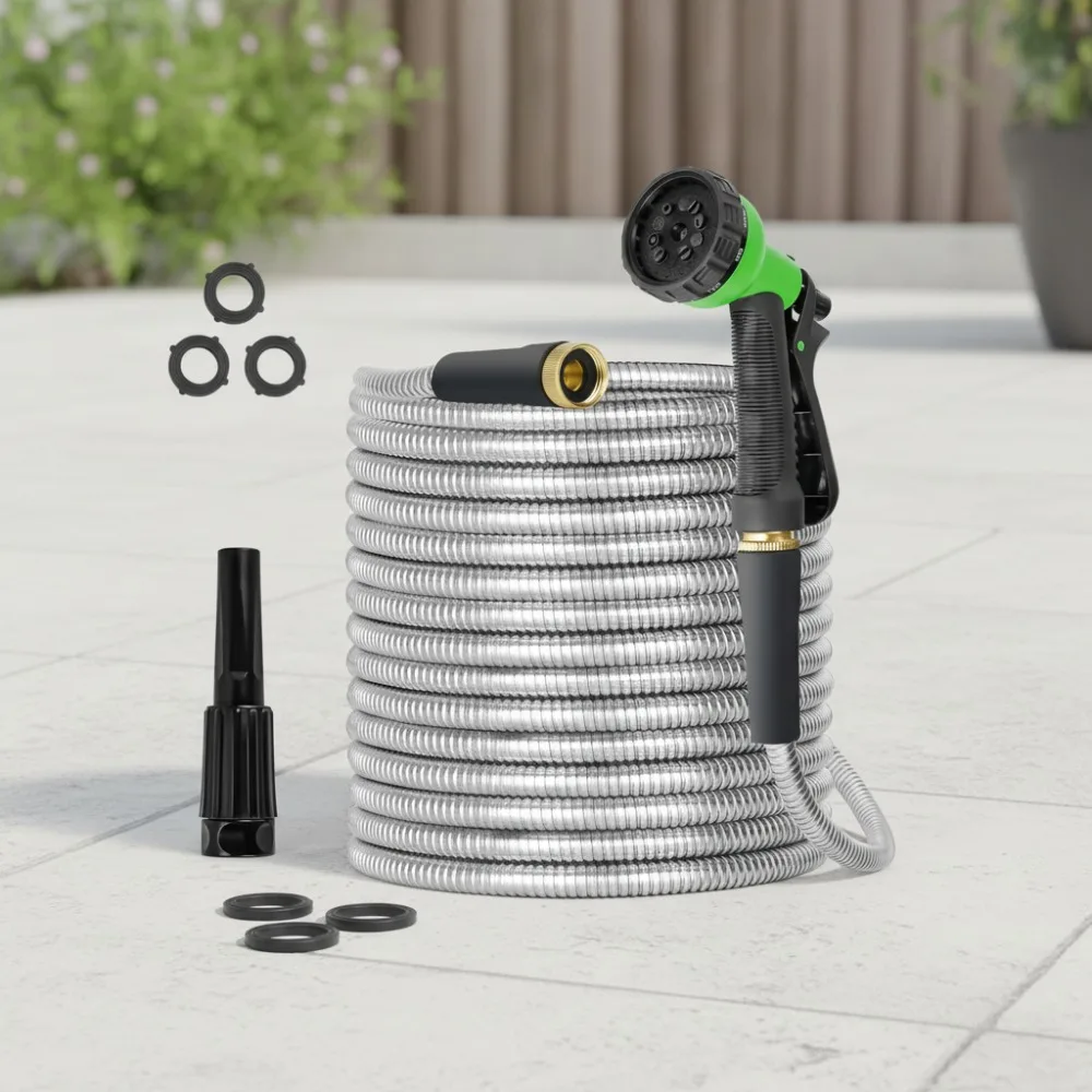 

100ft Stainless Steel Garden Hose Flexible No Kink Rust Proof with Brass Fittings Spray Nozzle