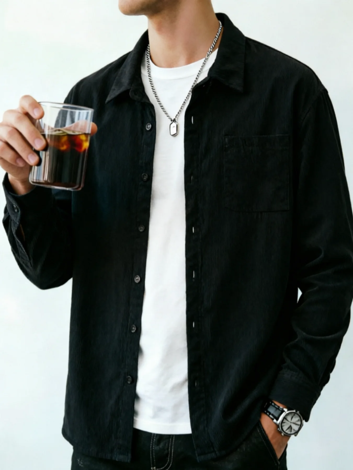 

Men's Solid Color Corduroy Long Sleeve Shirt: Classic Collar, Loose Fit, Comfortable and Versatile